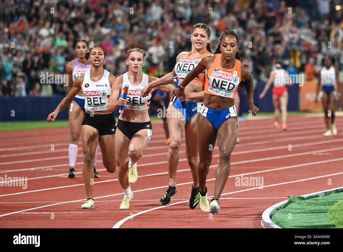 Netherlands: 4x100 relay race women. Jamile Samuel and Zoe Sedney. European Championships Munich 2022 Stock Photo