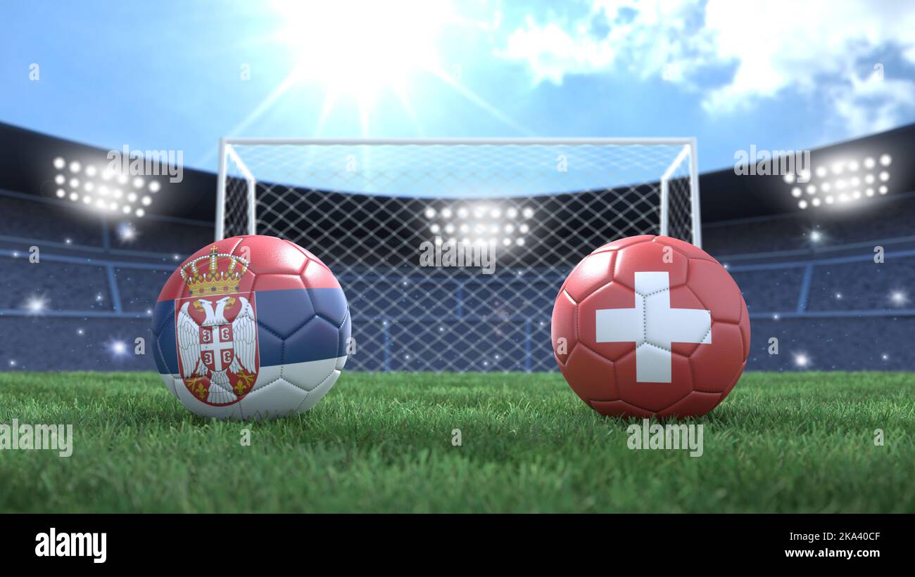 Two soccer balls in flags colors on stadium bright blurred background. Serbia and Switzerland. 3d image Stock Photo