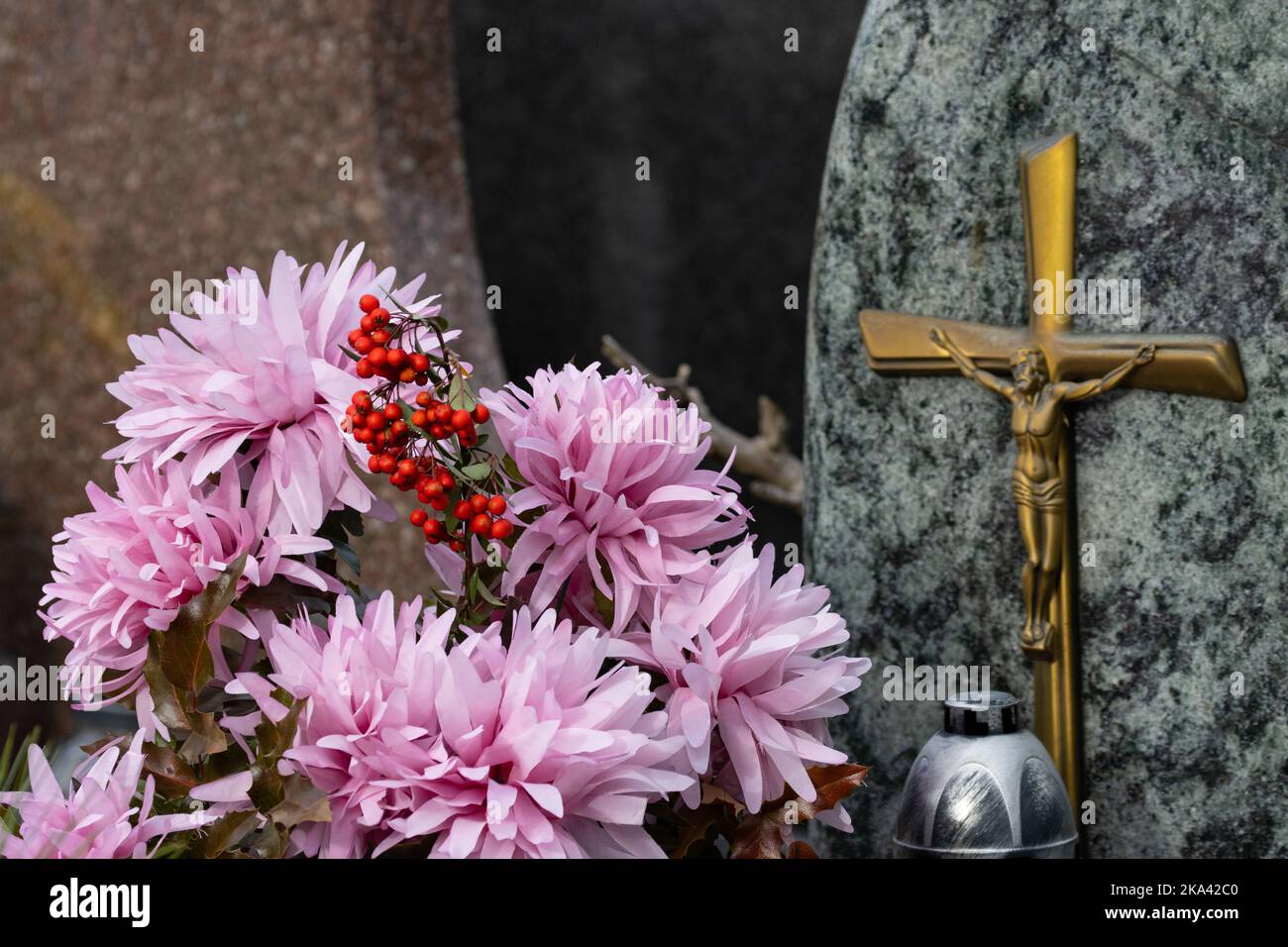 Flowers on the grave. Feast of the Dead. A bunch of flowers in the