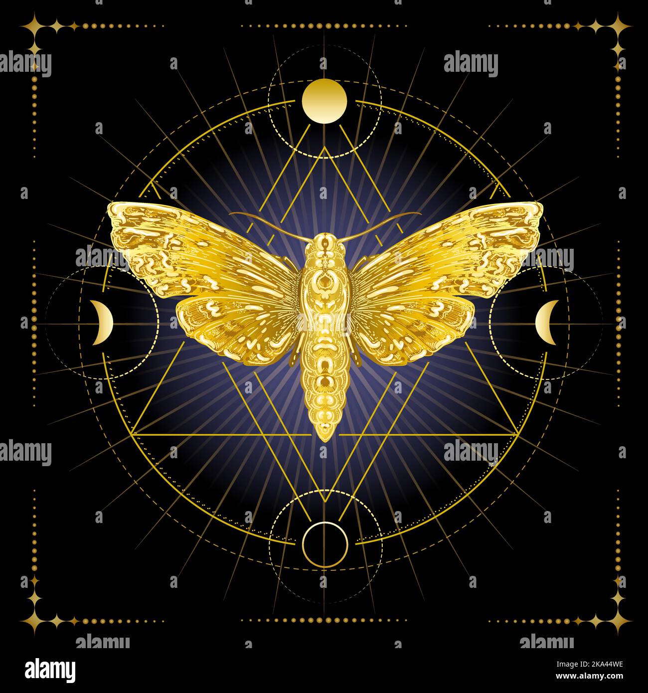 Golden Moth Symbol of Inner Wisdom and Phases of Moon. Sacred Geometry Esoteric Illustration on Black Background. Stock Vector