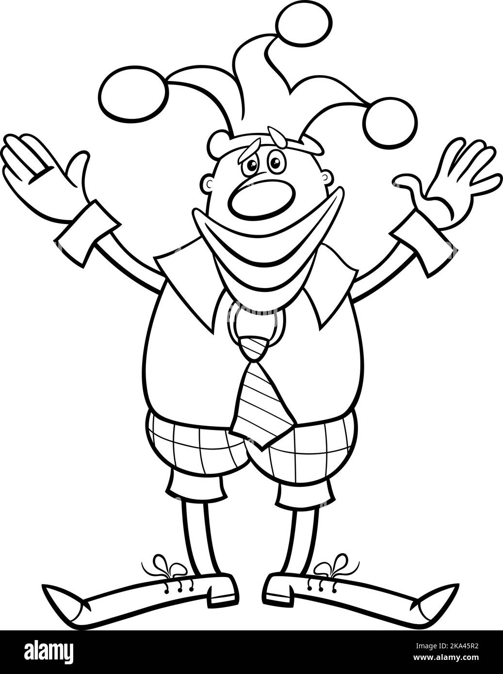 Black and white cartoon illustration of funny clown comic character