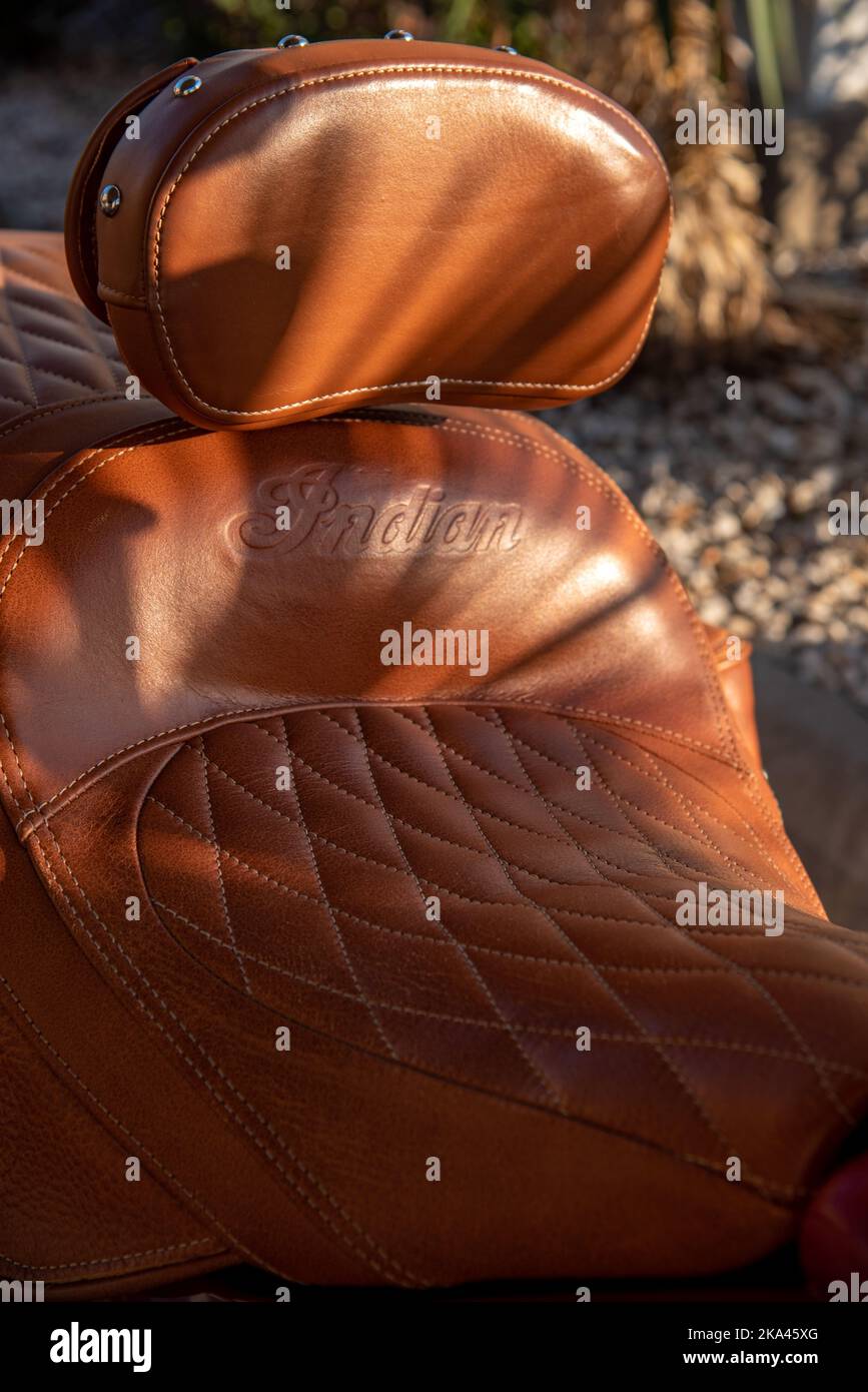 Brown leather seat on an Indian Motorcycle. Stock Photo