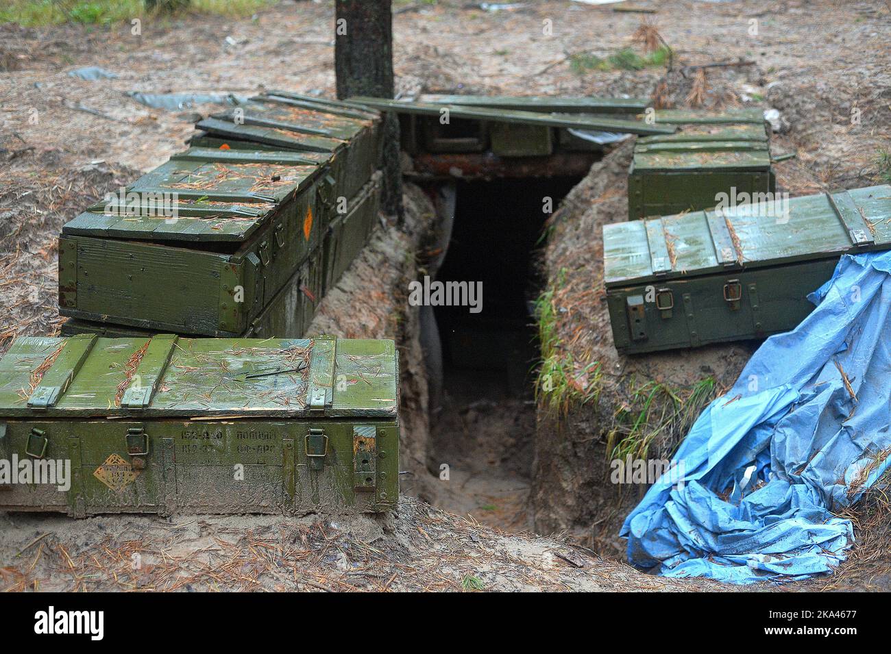 KHARKIV REGION, UKRAINE - OCTOBER 26, 2022 - Ammunition boxes line the stairs leading into a dugout in a forest near Izium after the liberation of the Stock Photo