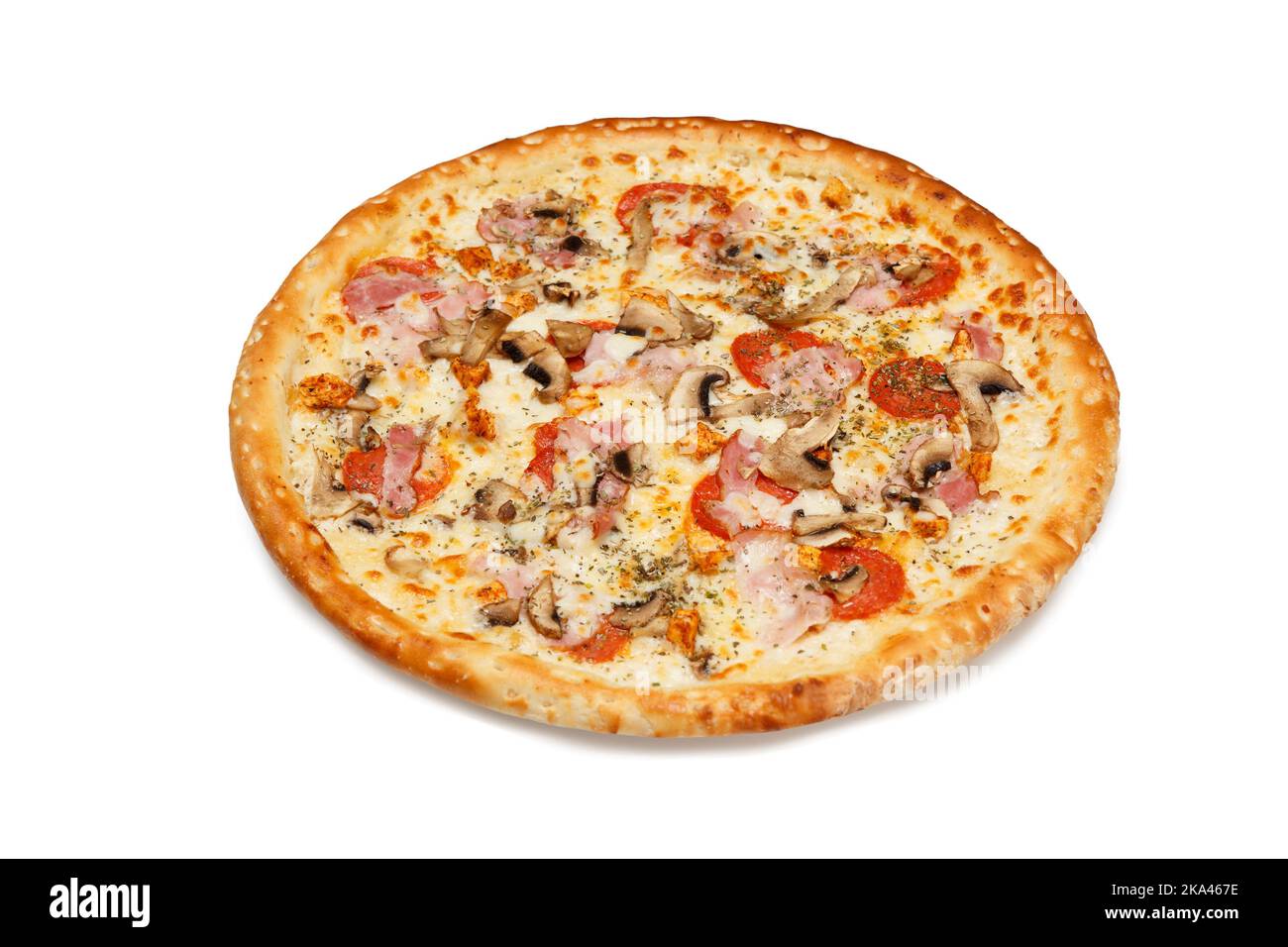 Delicious classic italian pizza with Mozzarella, ham, pepperoni sausage
