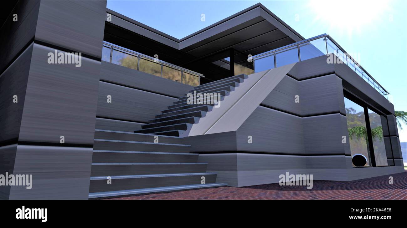 The concept of a futuristic country house. Compact ergonomic staircase ...