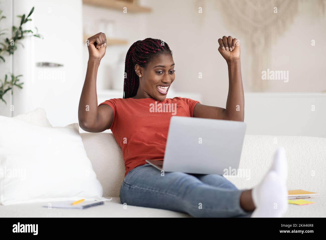 Good News. Overjoyed African American Woman Celebrating Success With ...