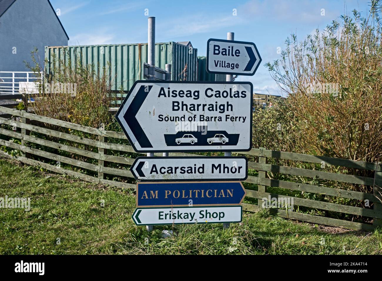 Signs in Gaelic and English on Eriskay in the Outer Hebrides, Scotland, UK. Stock Photo