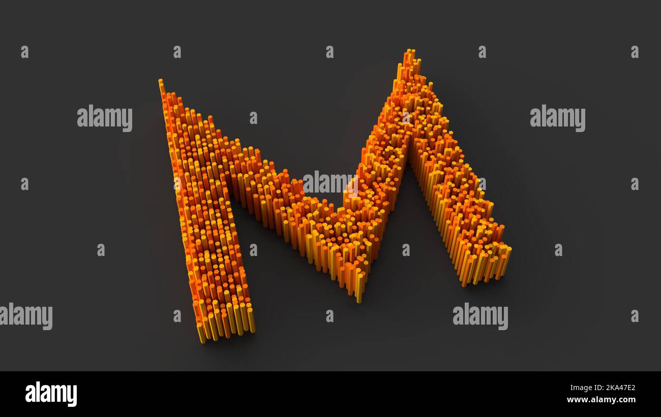 An illustration of a orange and red letter M isolated over dark