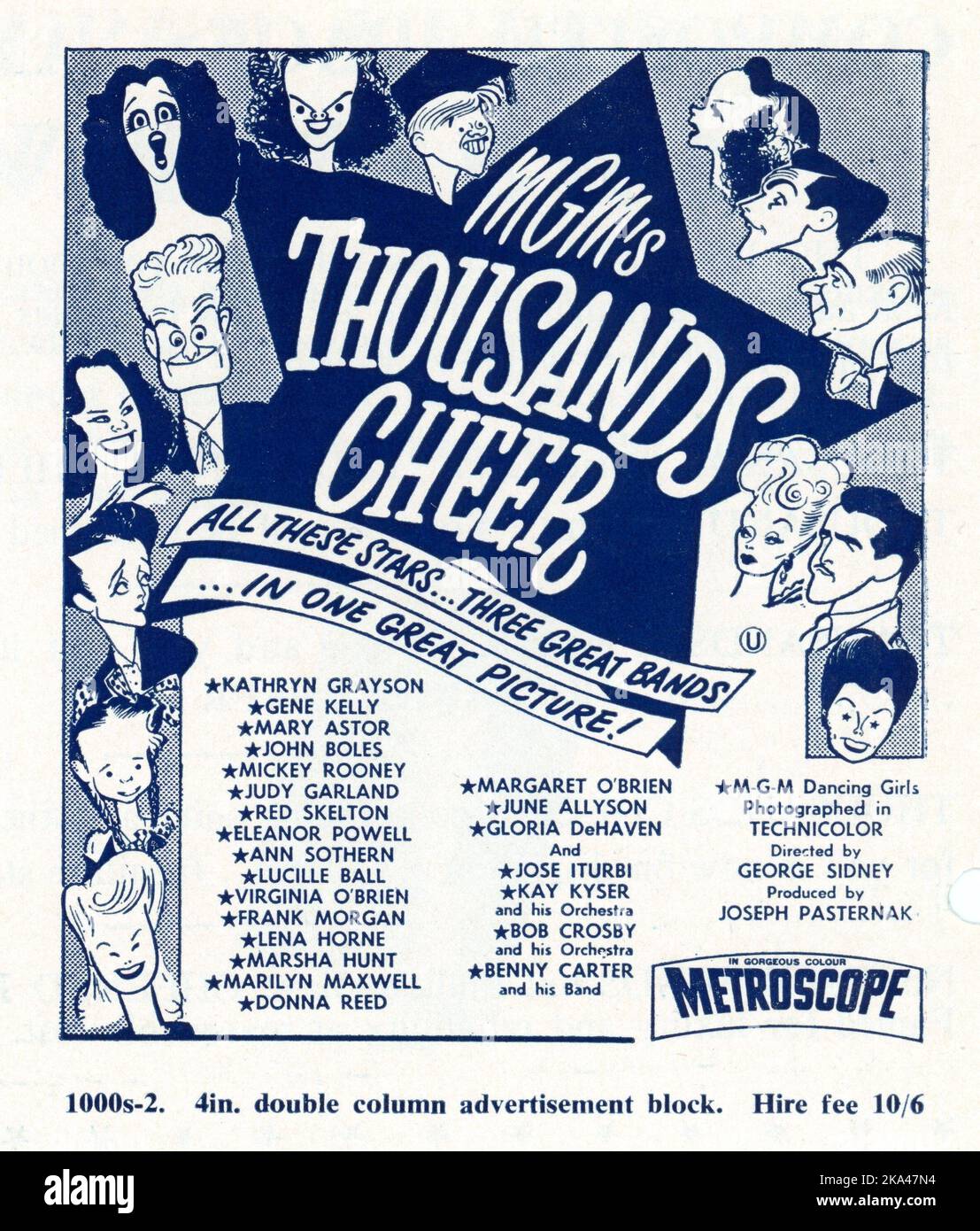 Ad Block with art by AL HIRSCHFELD from 1955 re-issue in Metroscope of (clockwise) MARILYN MAXWELL, MARGARET O'BRIEN, MARY ASTOR, ELEANOR POWELL, RED SKELTON, VIRGINIA O'BRIEN, JUDY GARLAND, MICKEY ROONEY, KATHRYN GRAYSON, GENE KELLY, JOSE ITURBI, LUCILLE BALL, JOHN BOLES and LENA HORNE in THOUSANDS CHEER 1943 director GEORGE SIDNEY story / screenplay Paul Jarrico and Richard Collins producer Joe Pasternak Stock Photo
