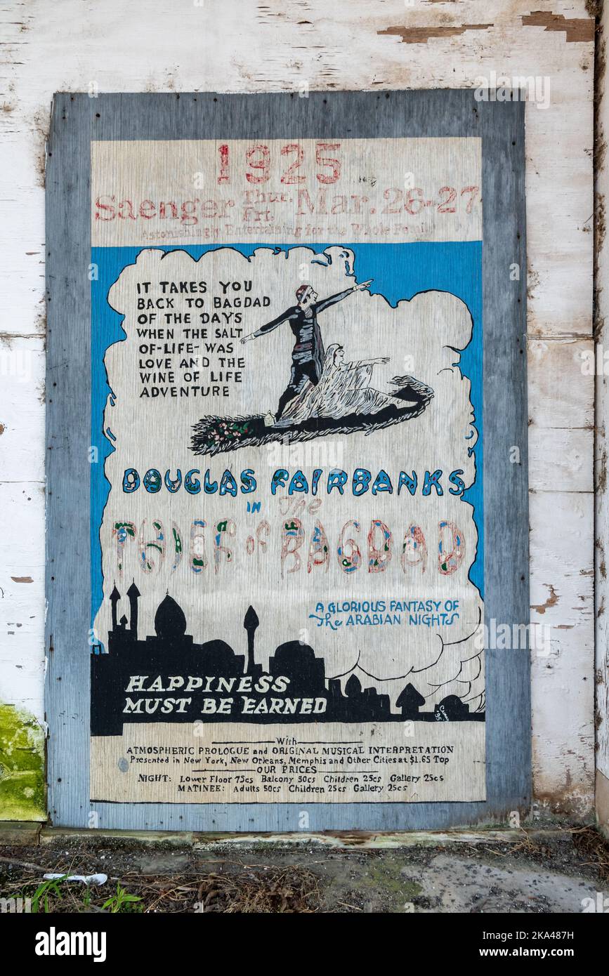 Hand-painted poster on the exterior wall of the Saenger Theatre in Pine Bluff, Arkansas. Stock Photo