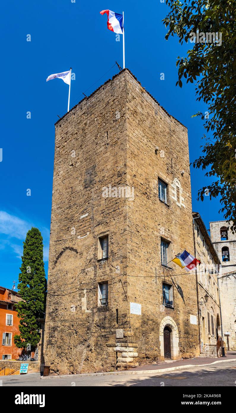 Grasse, France - August 6, 2022: Historic Town Hall with stone tower at Place du Petit Puy square in old town quarter of perfumery city of Grasse Stock Photo