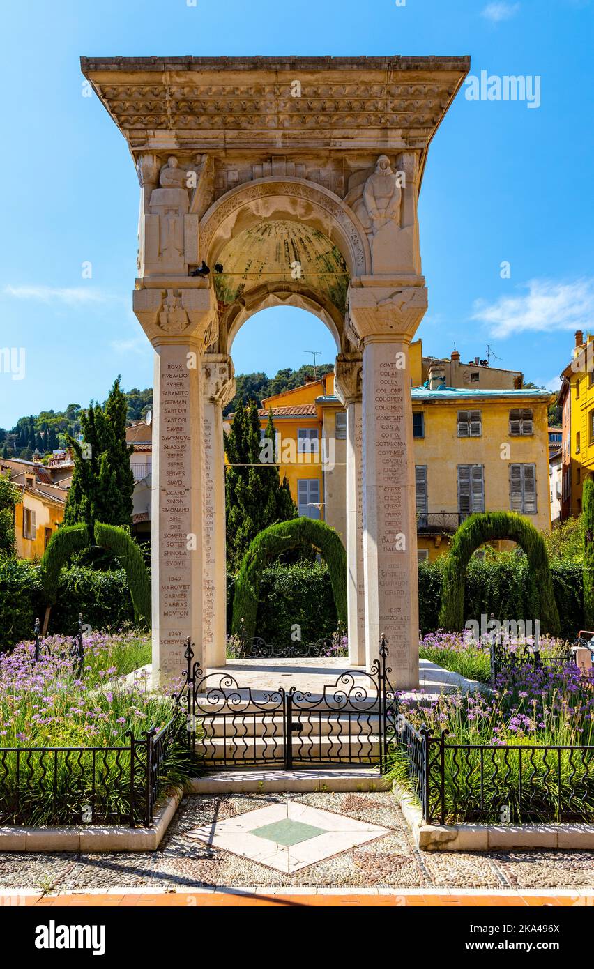 Grasse, France - August 6, 2022: War town heroes colonnade memorial at Place du Petit Puy square and rue Gazan street in old town quarter Stock Photo