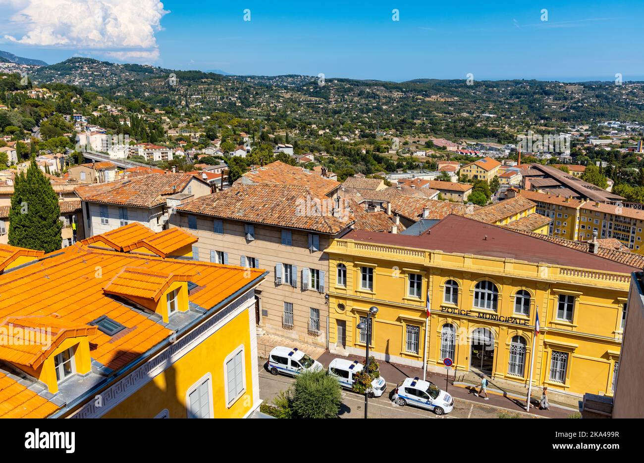 Grasse France August 6 2022 Panoramic View Of Eastern Slope Of Lower City And Coast Cote Dazur Alps Mountains Seen From Old Town Quarter 2KA499R 