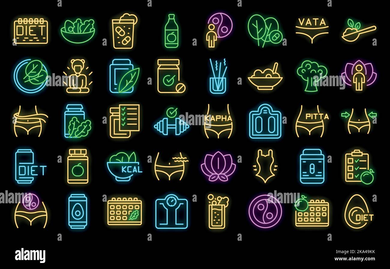 Ayurvedic diet icons set outline vector. Food eating. Cooking alternative neon color on black Stock Vector