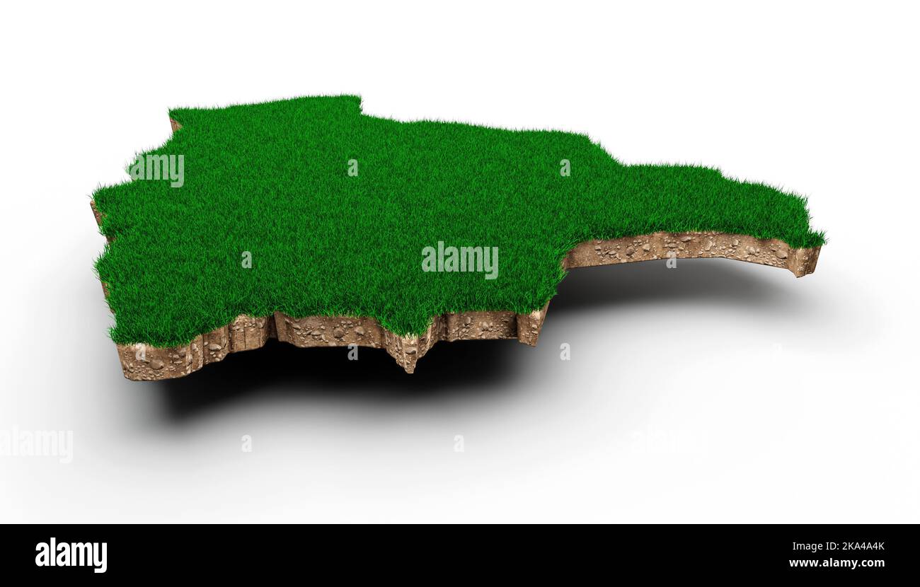 A 3D illustration of the Bolivia map with green grass and rocky ground isolated on a white background Stock Photo