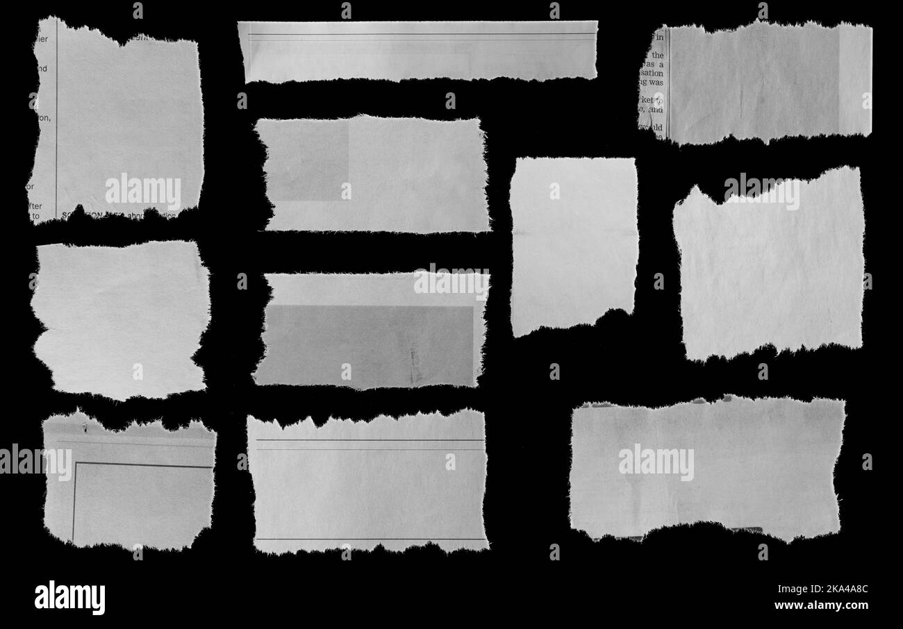 Eleven pieces of torn newspaper on black background Stock Photo