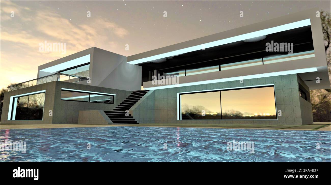 View from the pool with clear water at a stylish private house ...