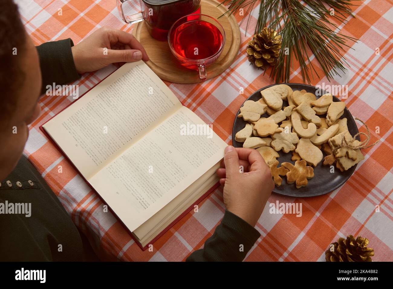 Overhead view of a woman reading book while a tea time with gingerbread cookies and hibiscus hot drink. Christmas mood Stock Photo