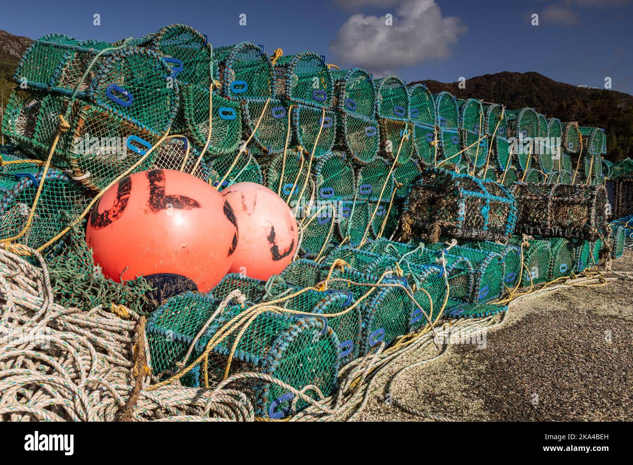 Lobster pots at Gairloch harbour on the Atlantic coast of Scotland Stock Photo