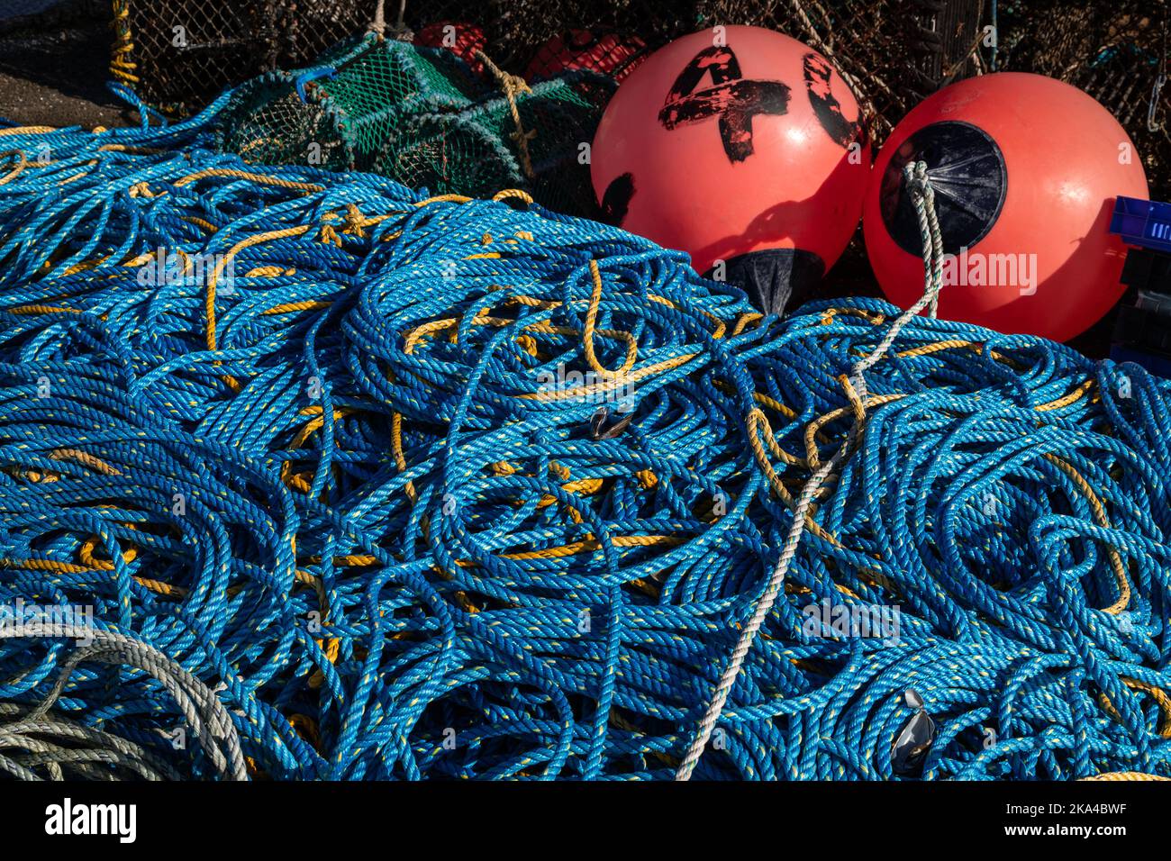 Large plastic boxes filled with fishing nets, floats etc on the
