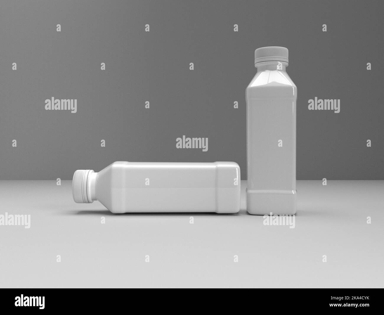 A 3d rendering illustration of white drink bottles on a solid