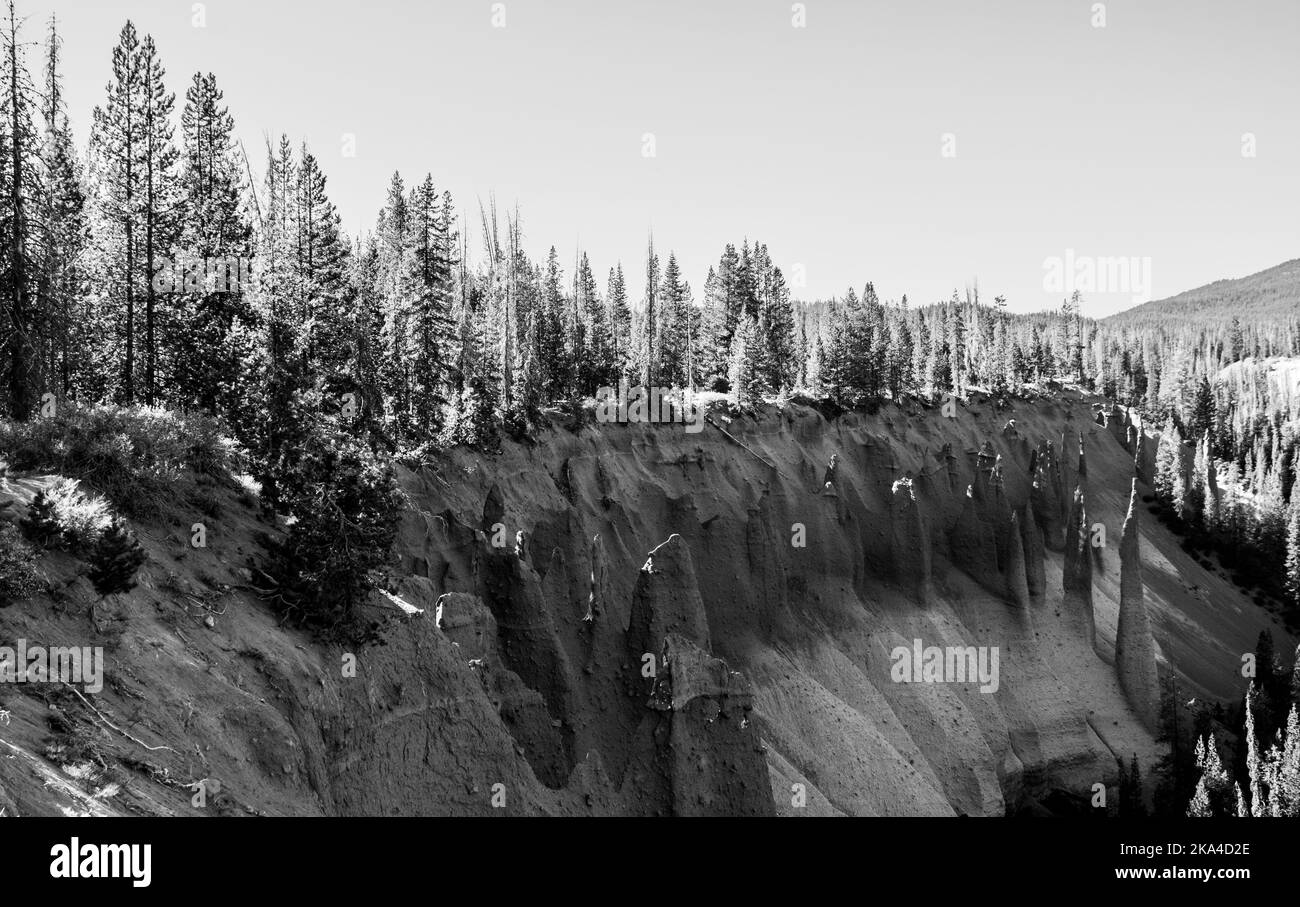 The Pinnacles, volcanic vents hugging the edge of crater lake in Oregon Park.  With a pine forrest growing around the pointed spires. Stock Photo