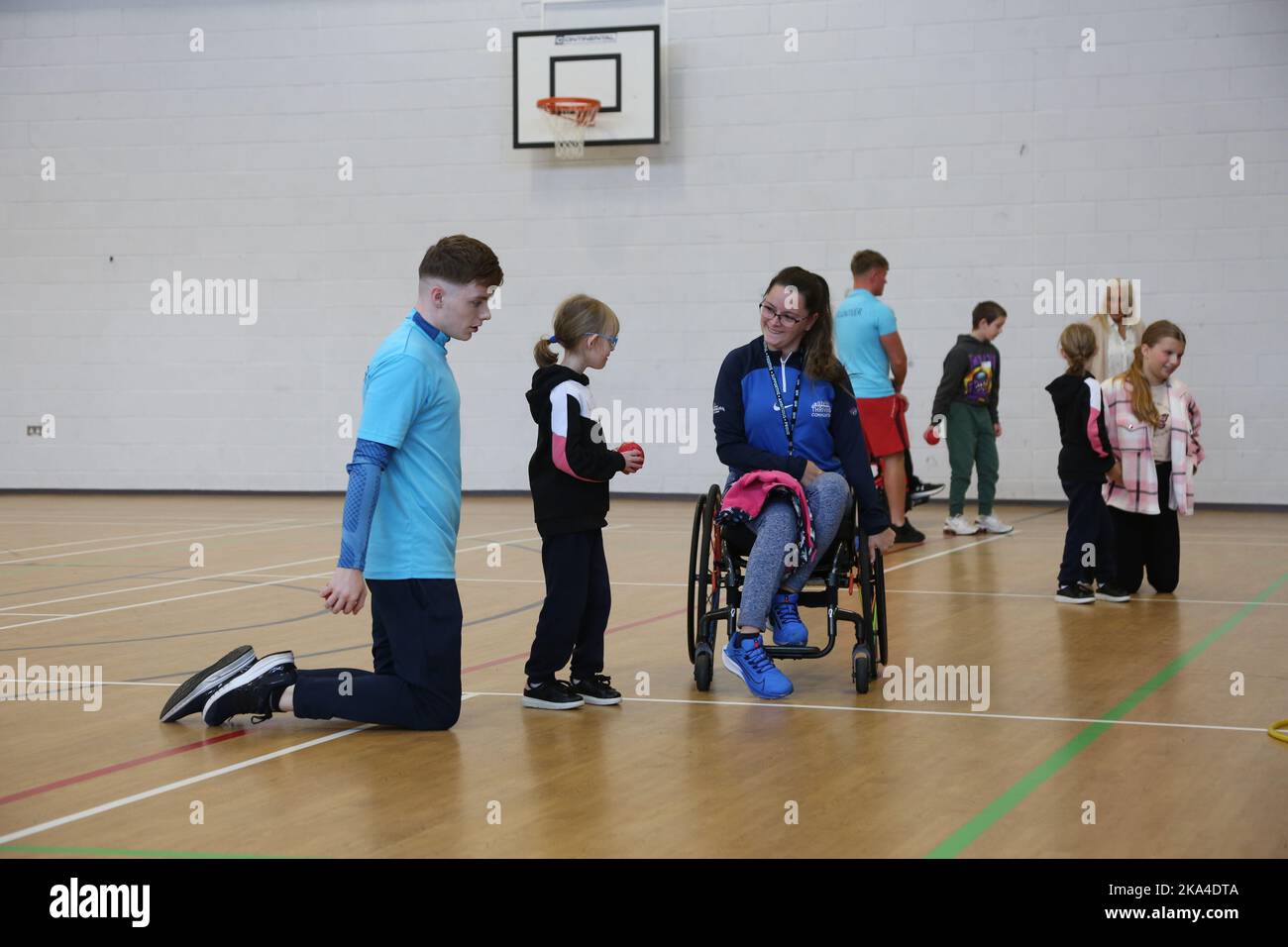 Ayrshire College, Kilmarnock, Ayrshire, Scotland UK. Children with disablities come together to learn and compete in sporting activites. Supported by students Stock Photo
