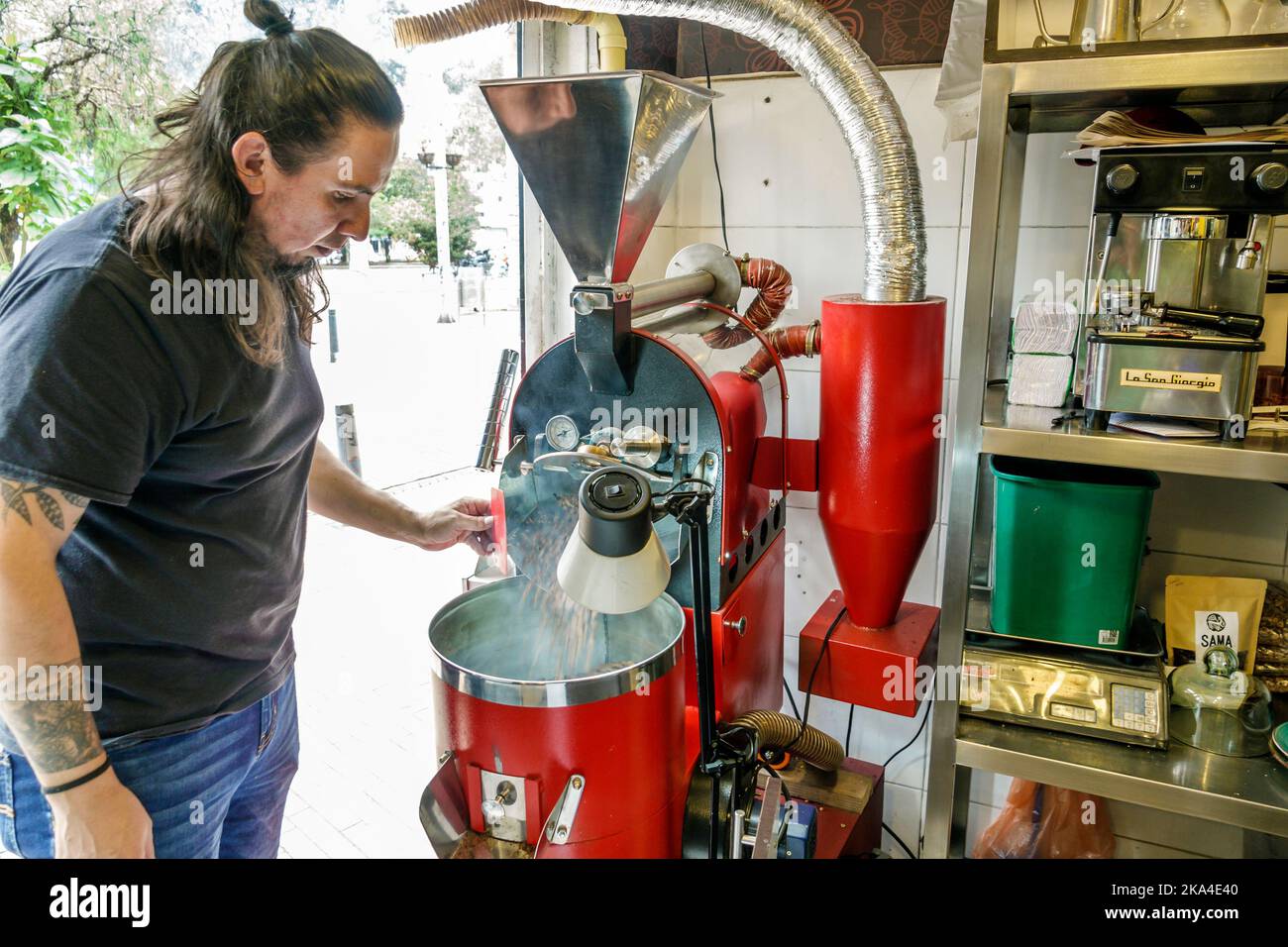 Bogota Colombia,La Candelaria Centro Historico central historic old city center centre Egipto,SAMA Cafe de Origen coffeehouse artisanal coffee roaster Stock Photo