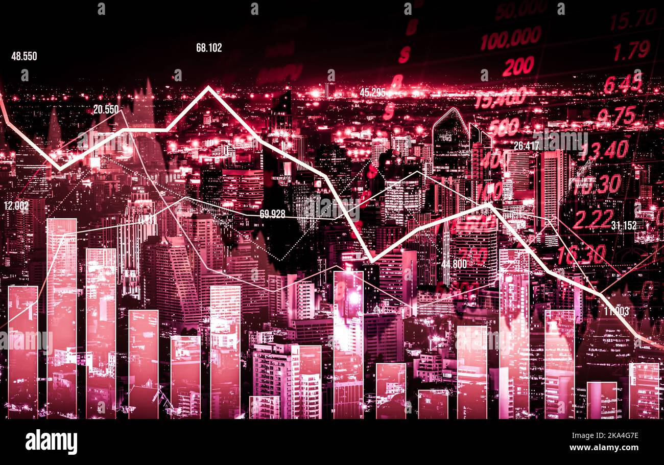 Stock market crash, declined economic, graph falling down and digital indicators overlaps modernistic city. Double exposure. Stock Photo