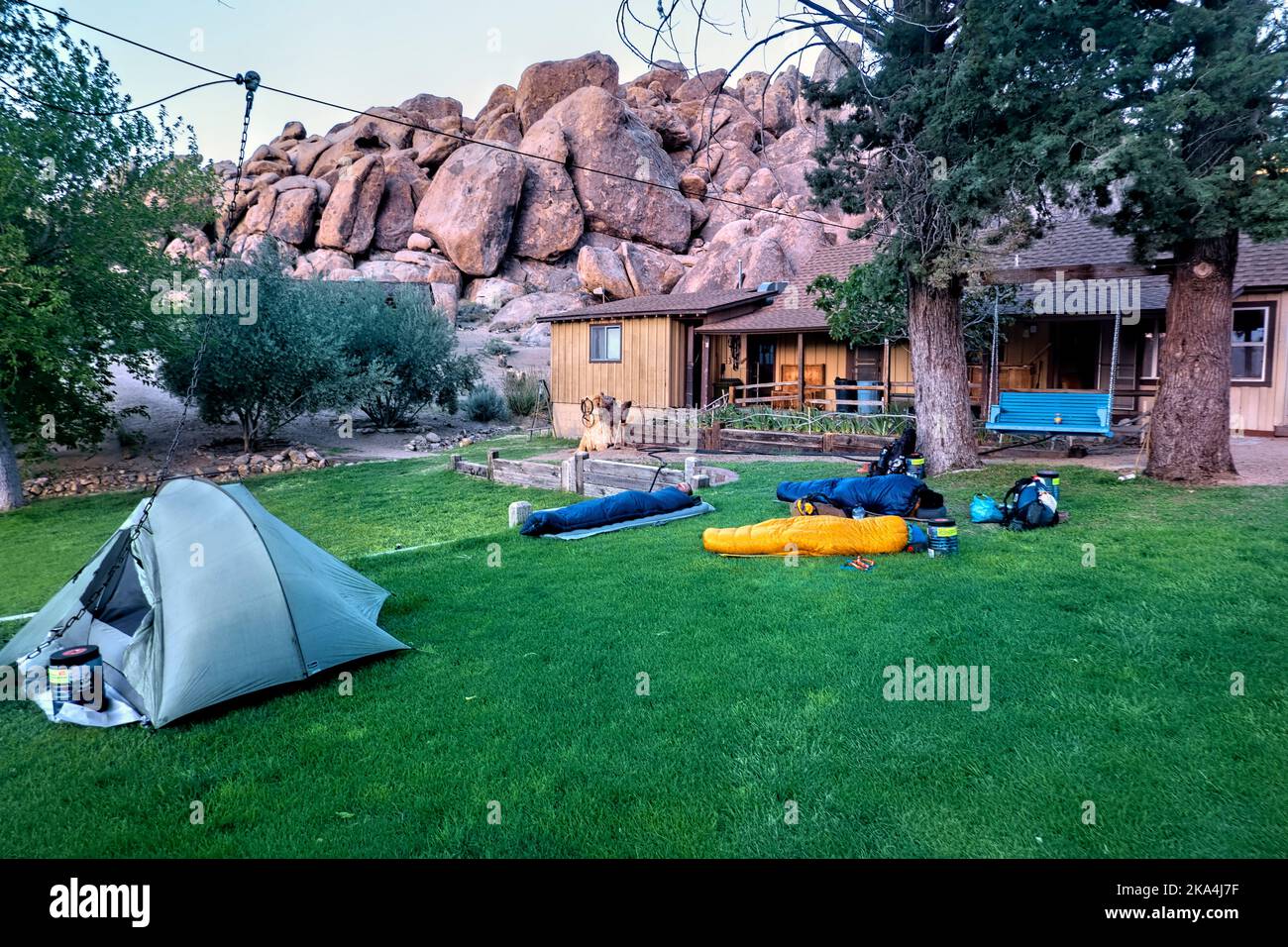 PCT hikers camping at a trail angel's ranch, Lone Pine, California, USA