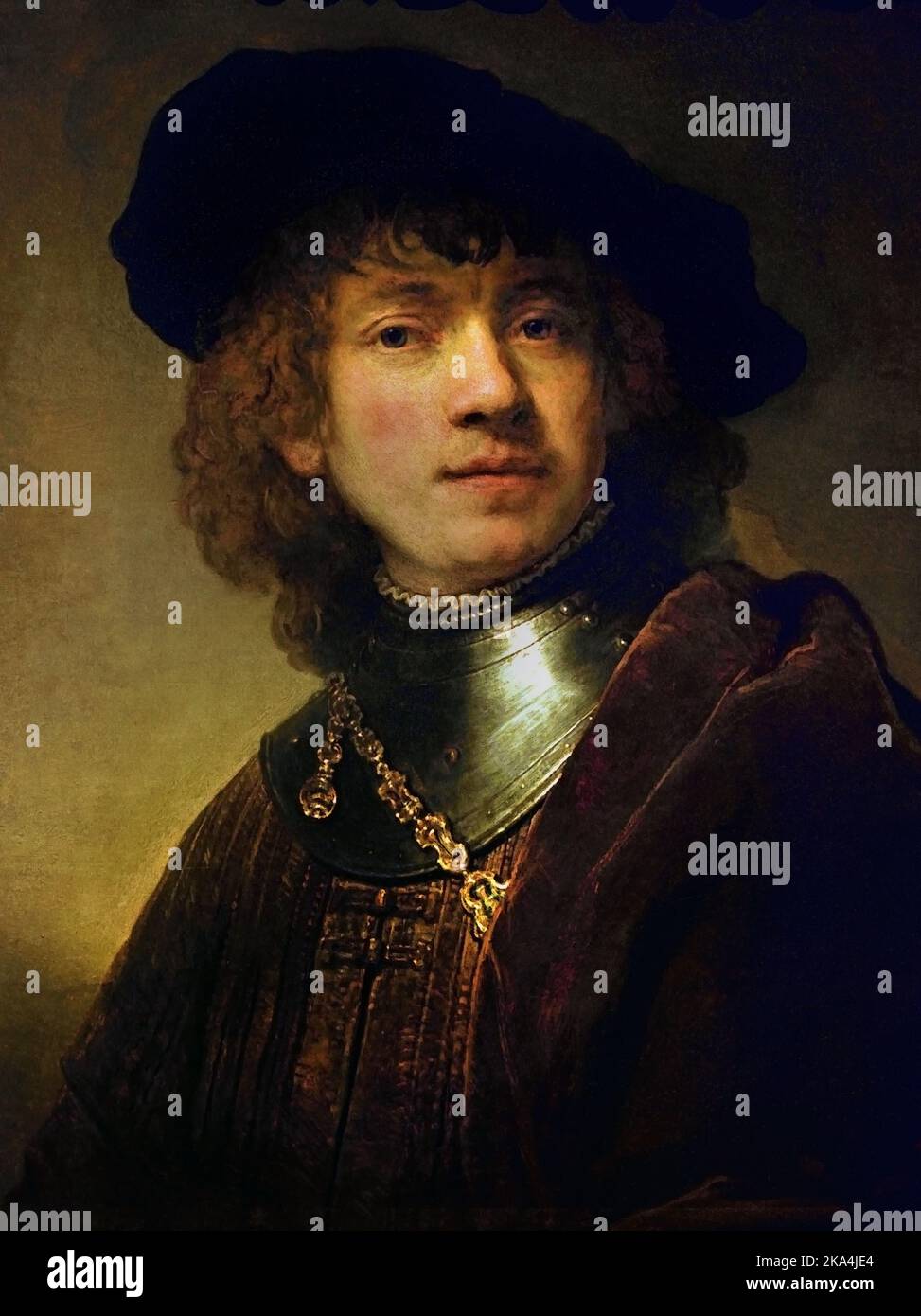 Self-portrait as a young man - Young Man in a Gorget and Cap by Rembrandt, Rembrandt Harmenszoon van Rijn, 1606-1669, The, Netherlands, Dutch, Stock Photo