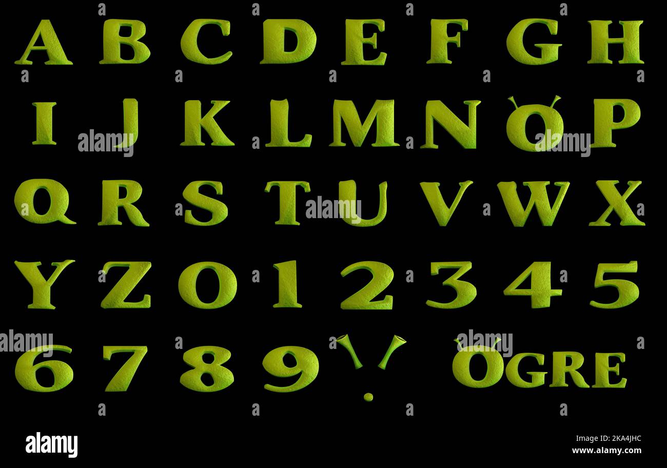 An illustration of an ogre-styled green alphabet and numbers set on a black background. Stock Photo