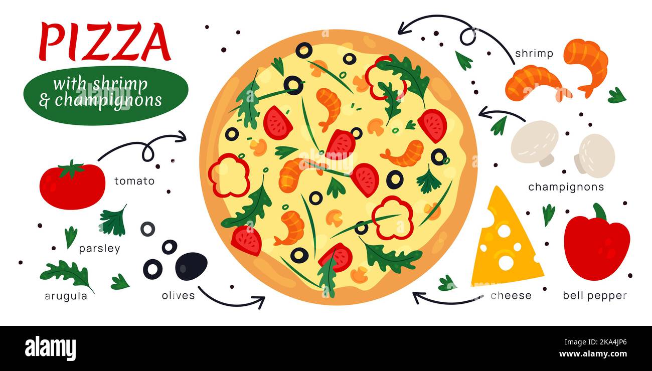 Cartoon pizza recipe. Different ingredients. Italian food cooking ...