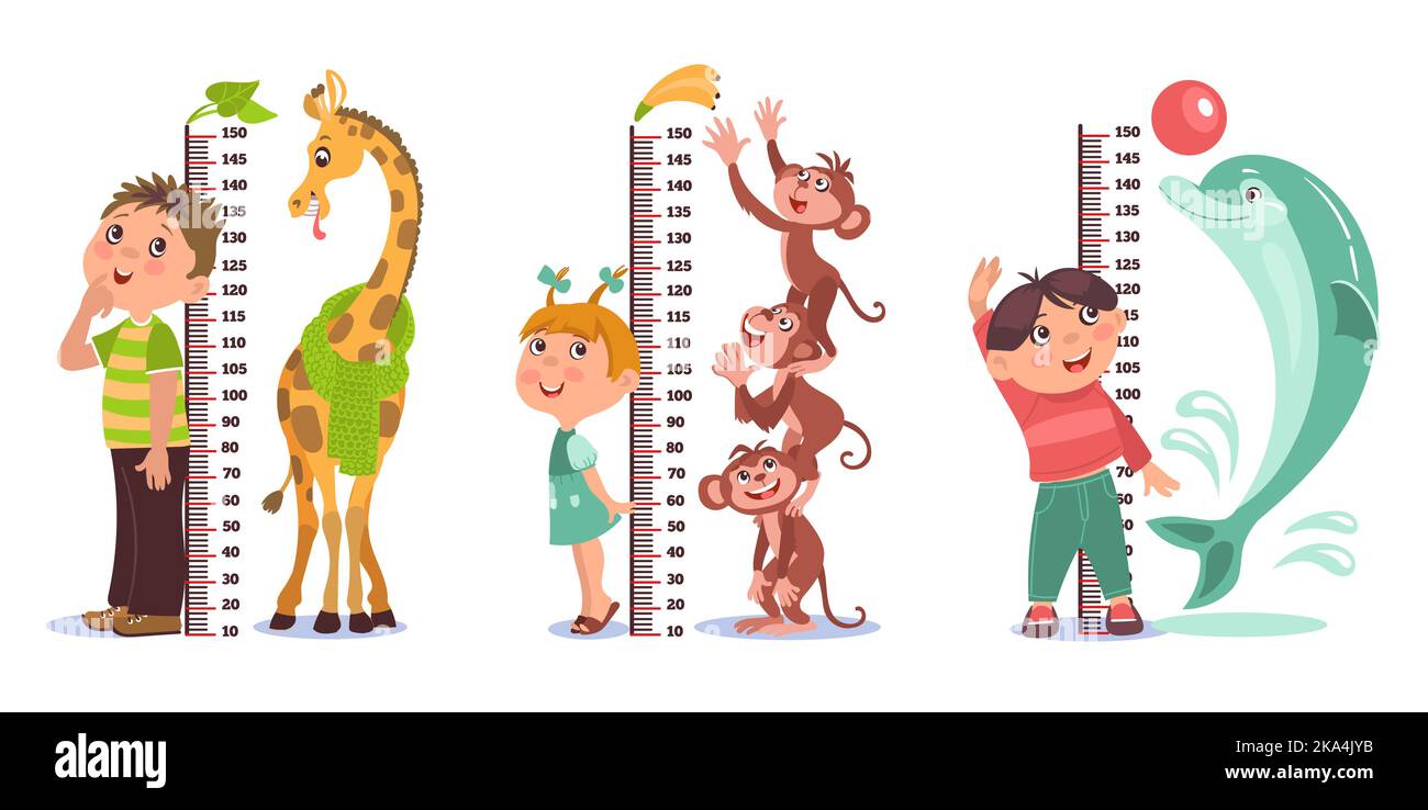 Cute kids measure height. Boys and girls near wall measurement scales
