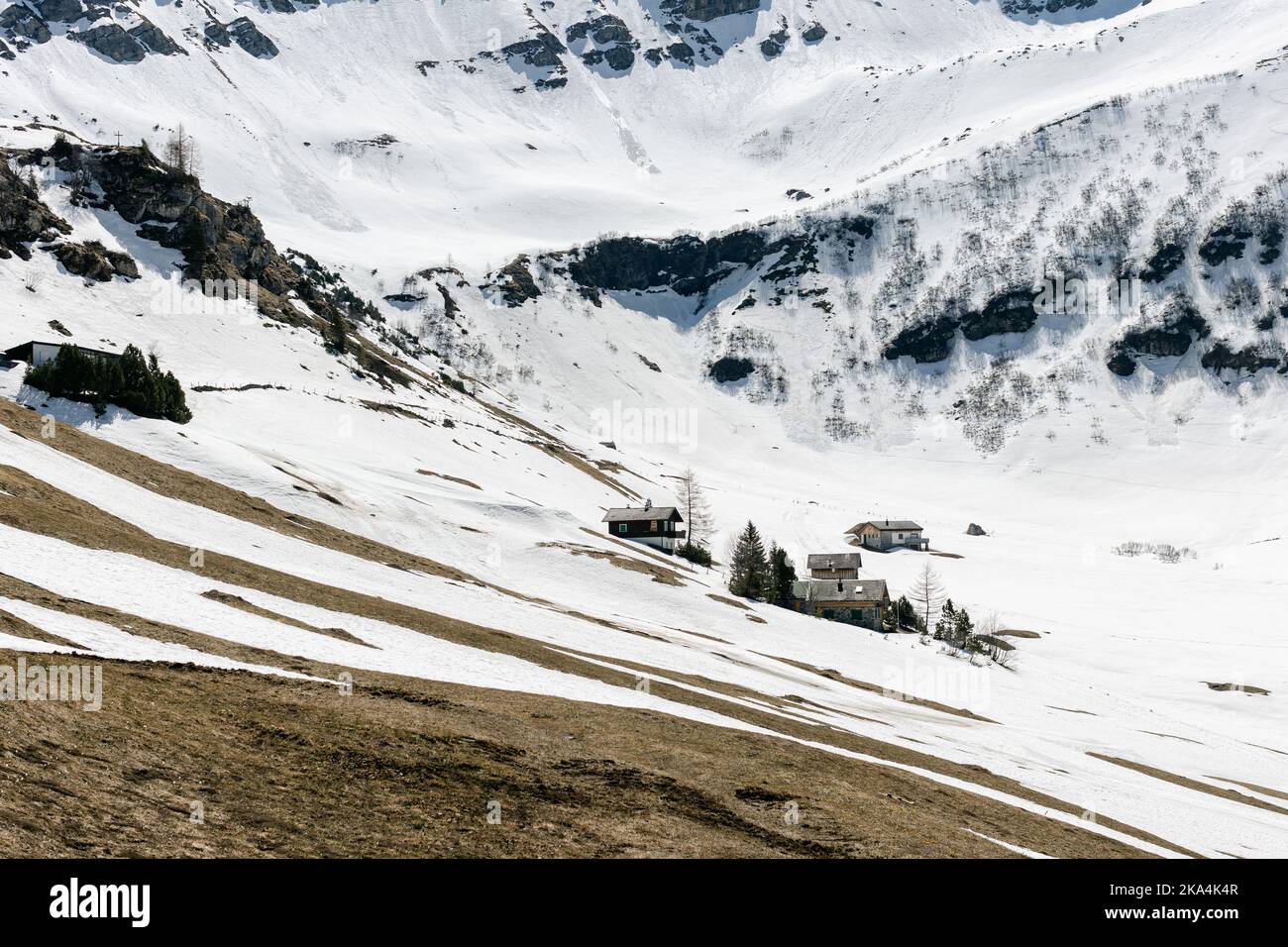 An aerial view of the snowy mountains in the Malbun ski resort in ...