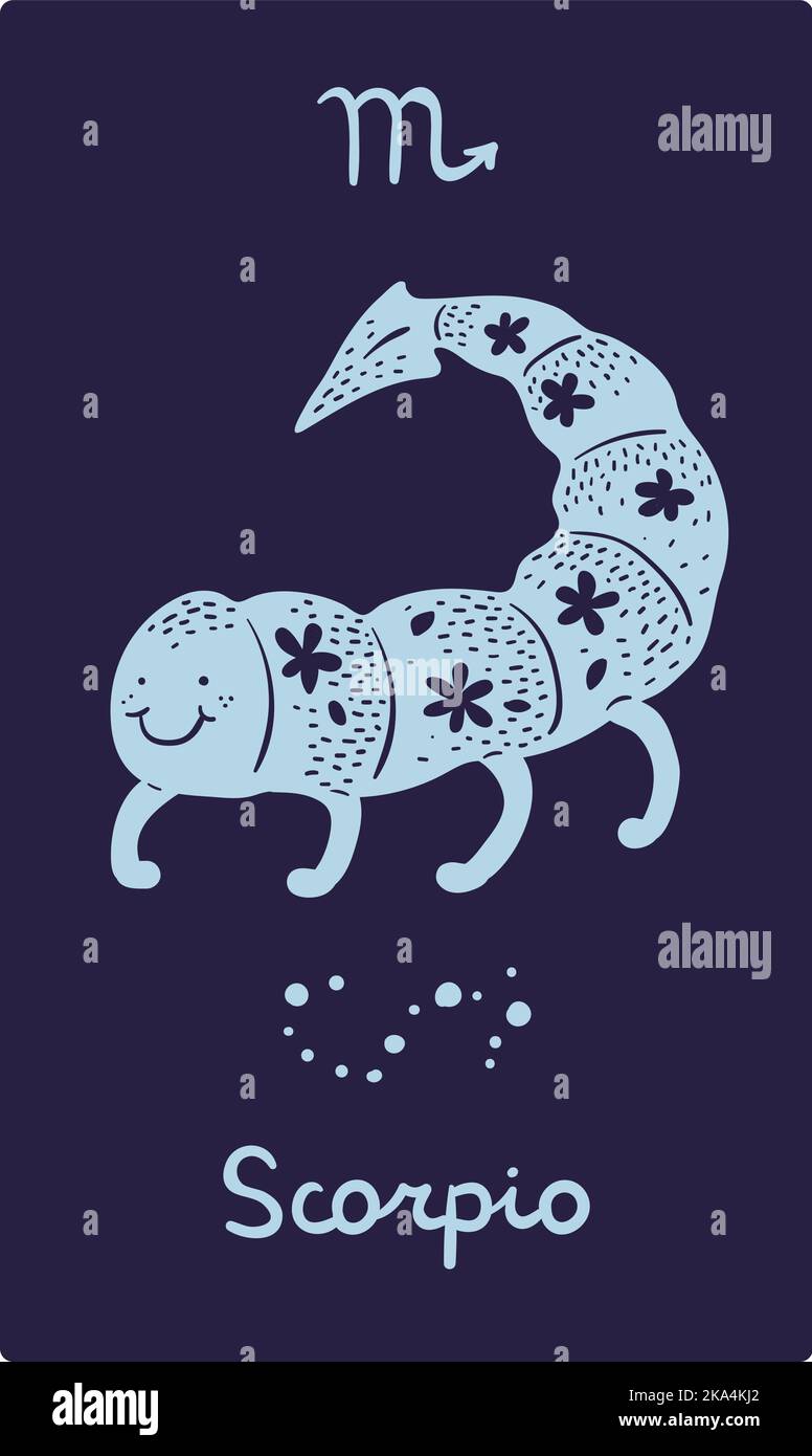 Zodiac signs card. Astrological symbol. Patterned silhouette animal. Scorpio constellation. Doodle scorpion with floral ornament. Astrology calendar Stock Vector
