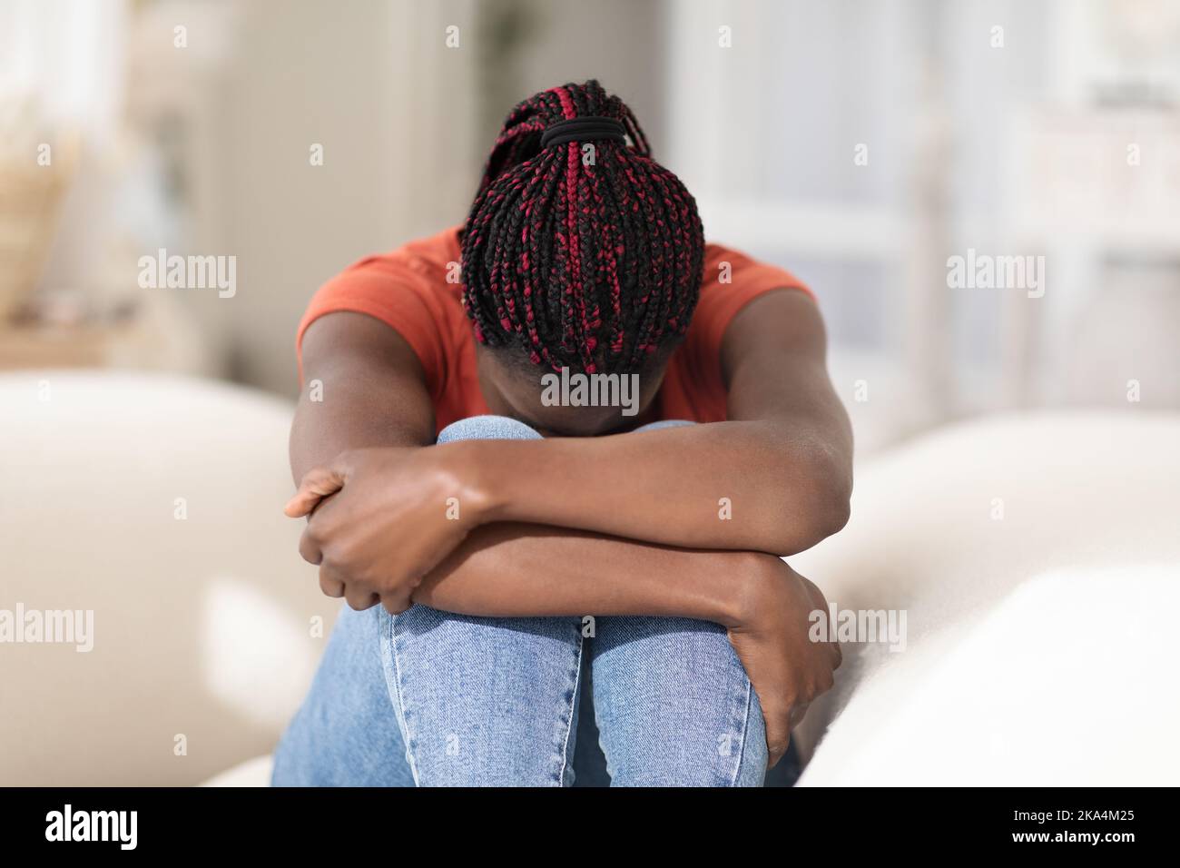 Mental Breakdown. Portrait Of Upset Young African American Woman Crying At Home Stock Photo