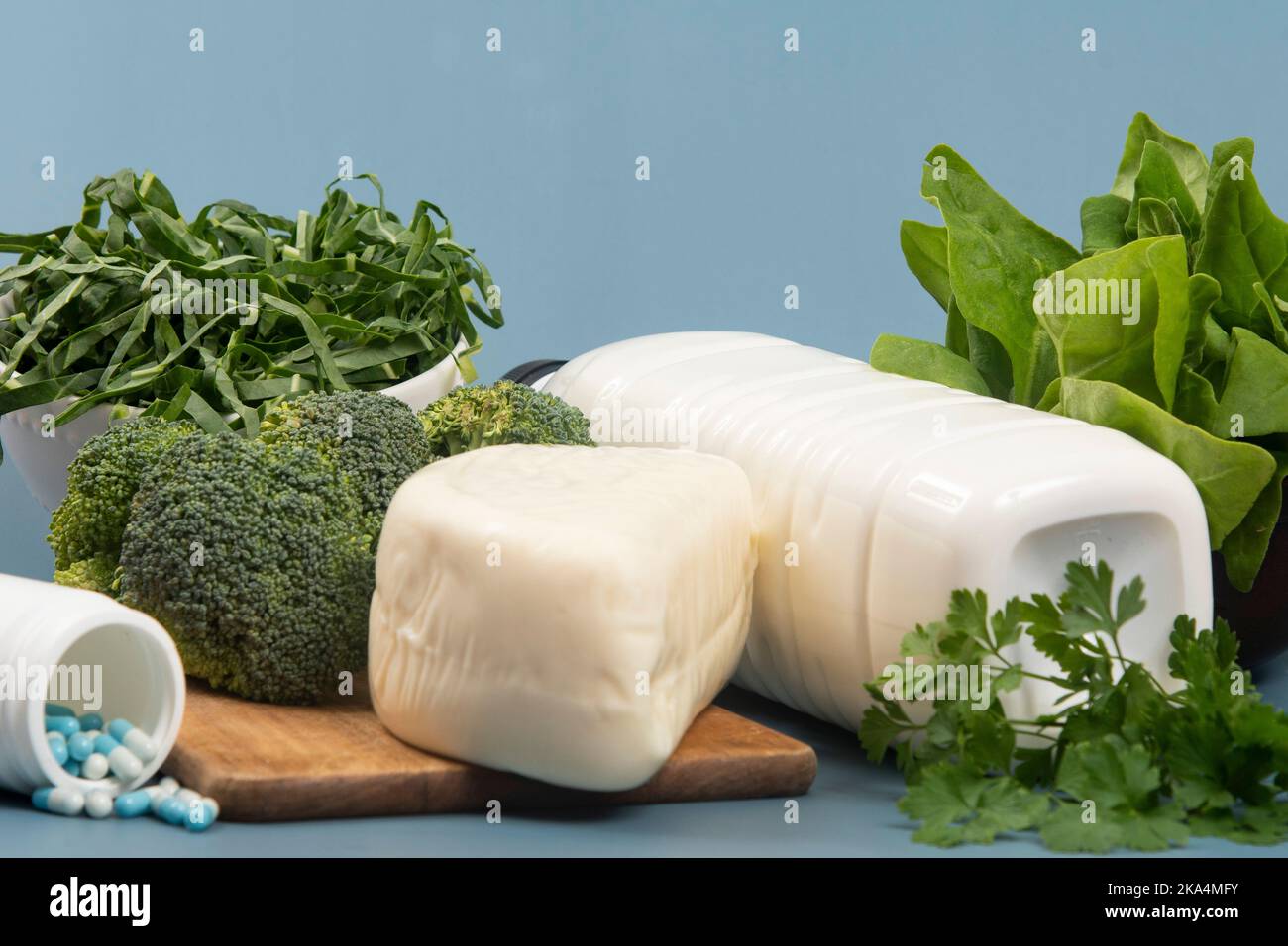 Main sources of calcium for the body to help fight osteoporosis. Stock Photo