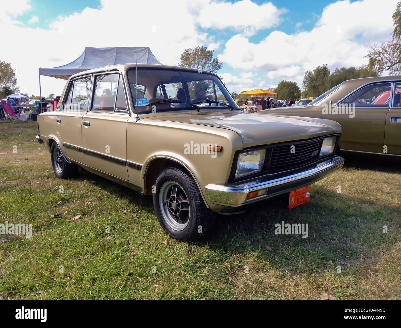 Old beige Fiat 125 Mirafiori four door sedan 1980 in the countryside. Sunny day. Nature, grass, trees. Classic car show. Stock Photo