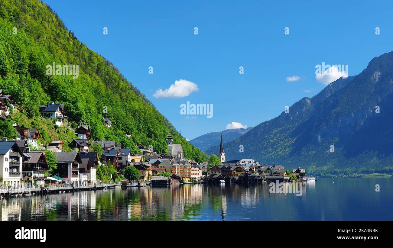 The Hallstatt village on Lake Hallstatt's shore in Austria's