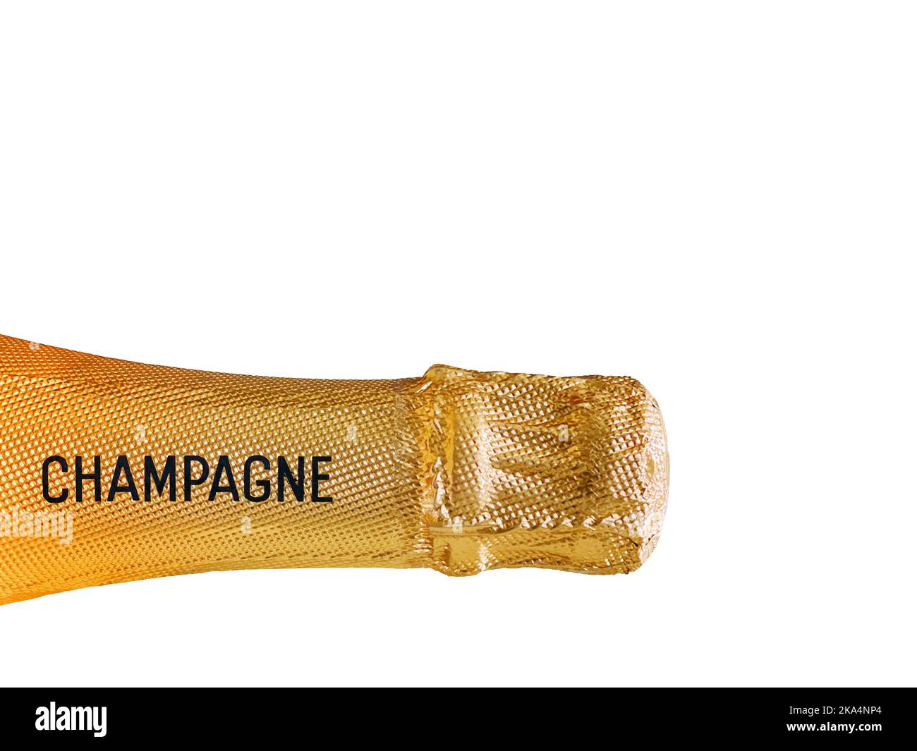 Close up view of the neck of an unopened bottle of champagne with
