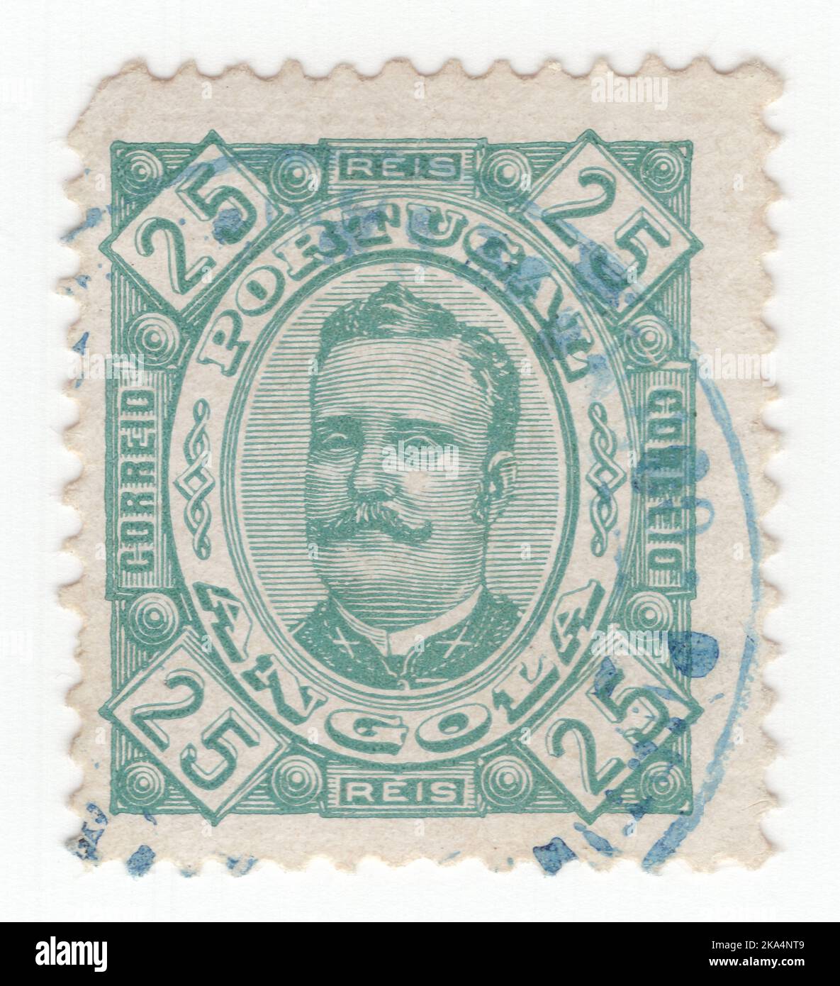 ANGOLA - CIRCA 1893: An 25 reis green postage stamp showing portrait of Dom Carlos I, known as the Diplomat, the Martyr, and the Oceanographer, King of Portugal Stock Photo
