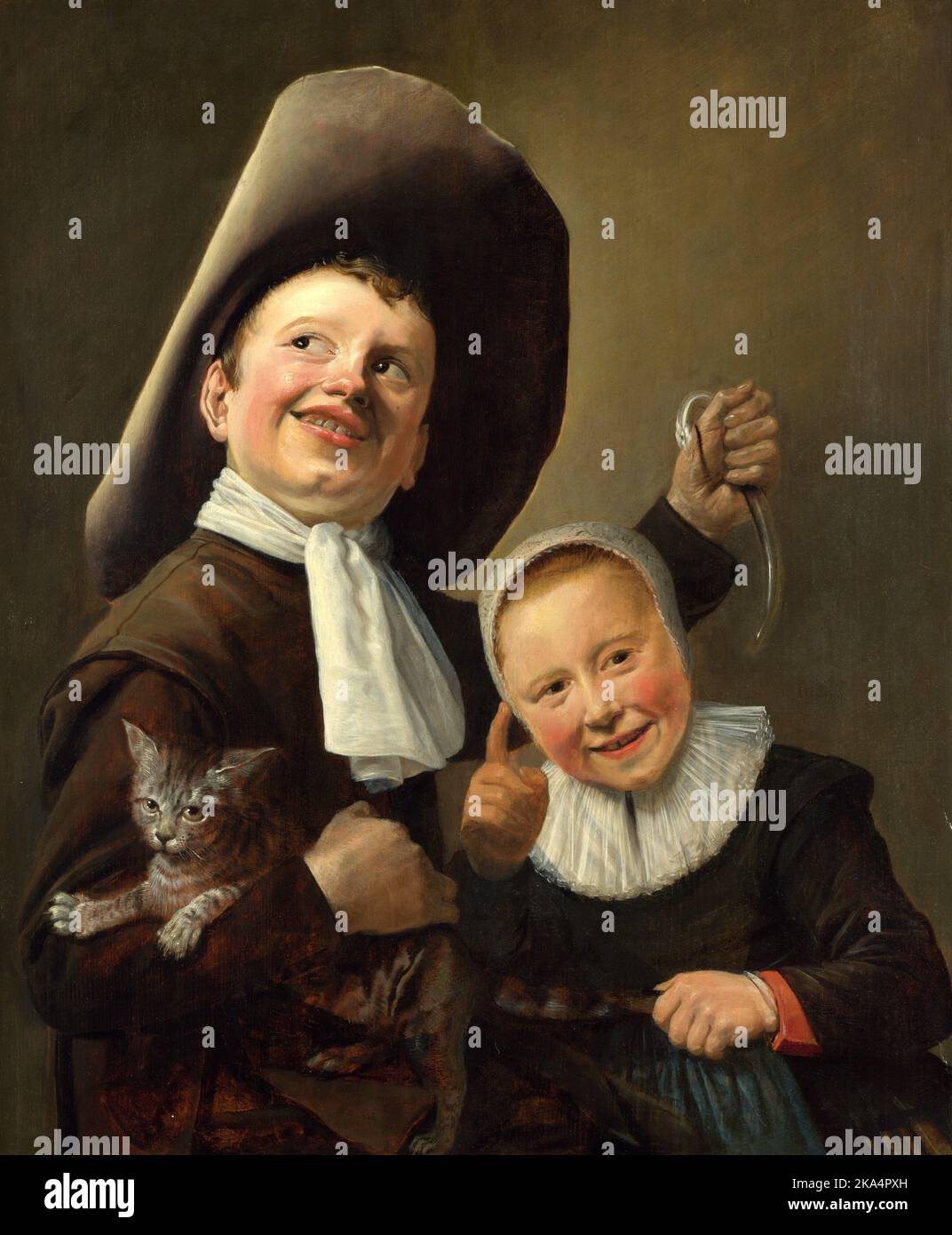 A Boy and a Girl with a Cat and an Eel, Painting by Judith Leyster, A Boy and a Girl with a Cat and an Eel Stock Photo