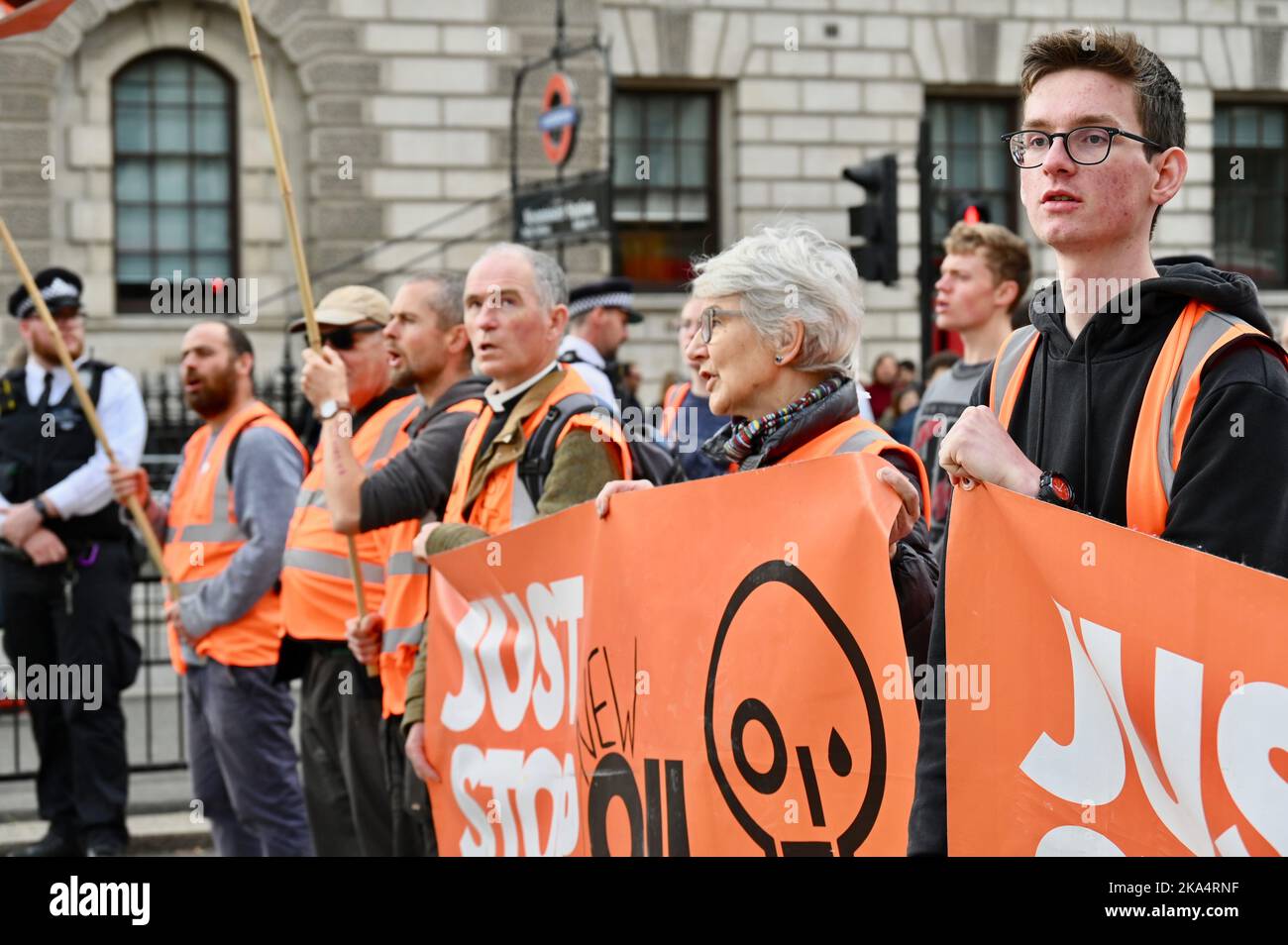 London, UK. Just Stop Oil Activists continued with their protests in Whitehall on day 31. A Just Stop Oil spokesperson was quoted as saying 'We are not prepared to stand by and watch while everything we love is destroyed, while vulnerable people go hungry and fossil fuel companies and the rich profit from our misery.' Stock Photo