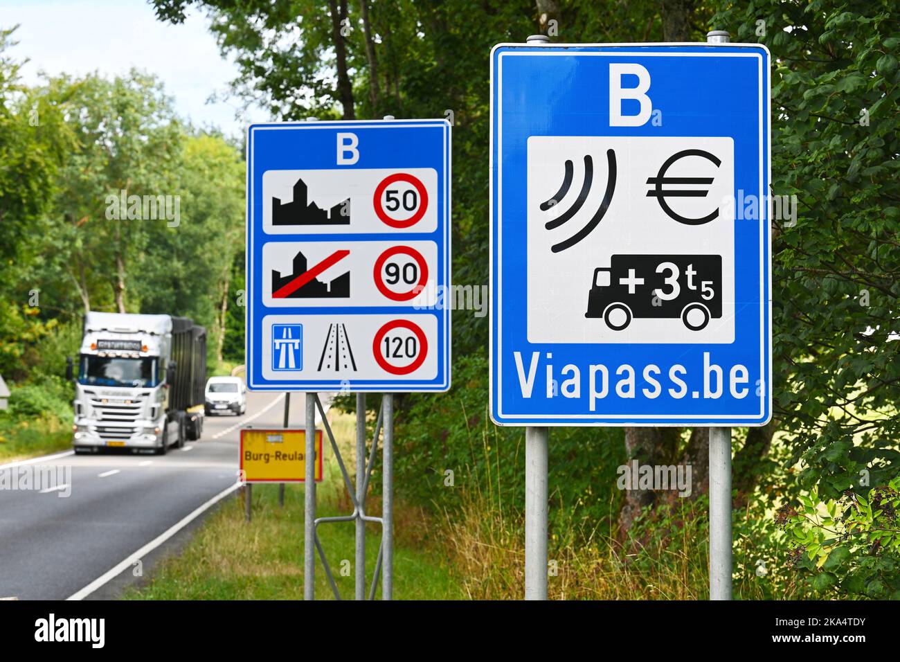 Sign Viapass Kilometer Charge for trucks of +3.5 tons. Stock Photo