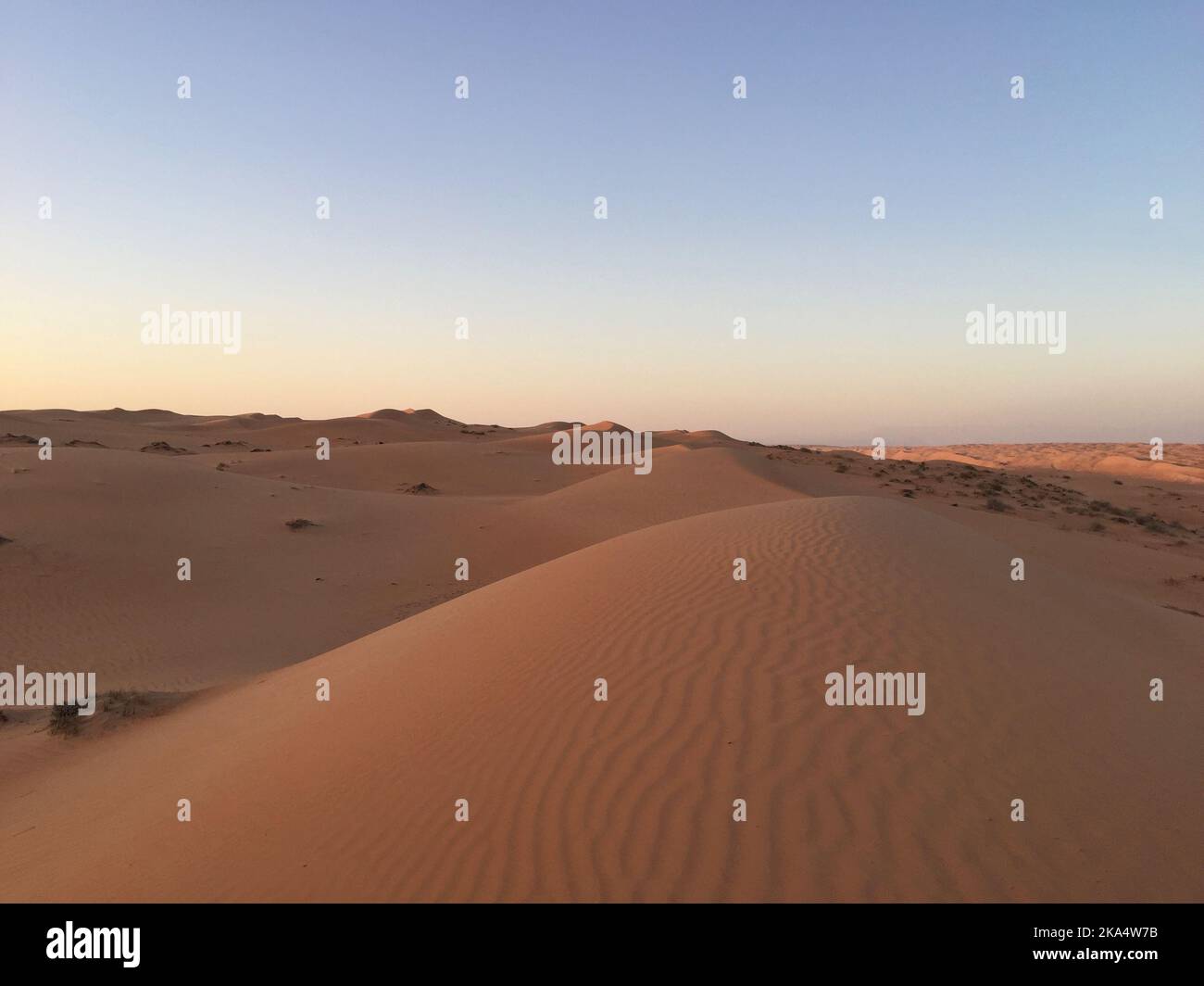 Sand dunes in desert landscape at sunset, Wahiba Sands, Oman Stock Photo