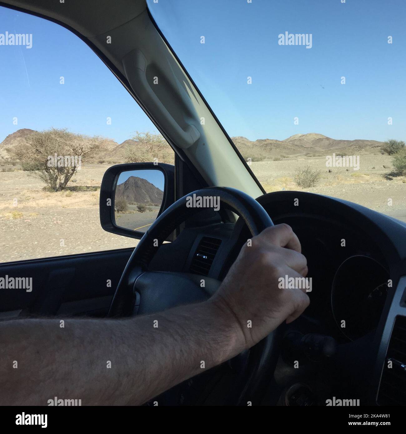 Close-up of a man's hand on a steering wheel driving in desert landscape, Oman Stock Photo