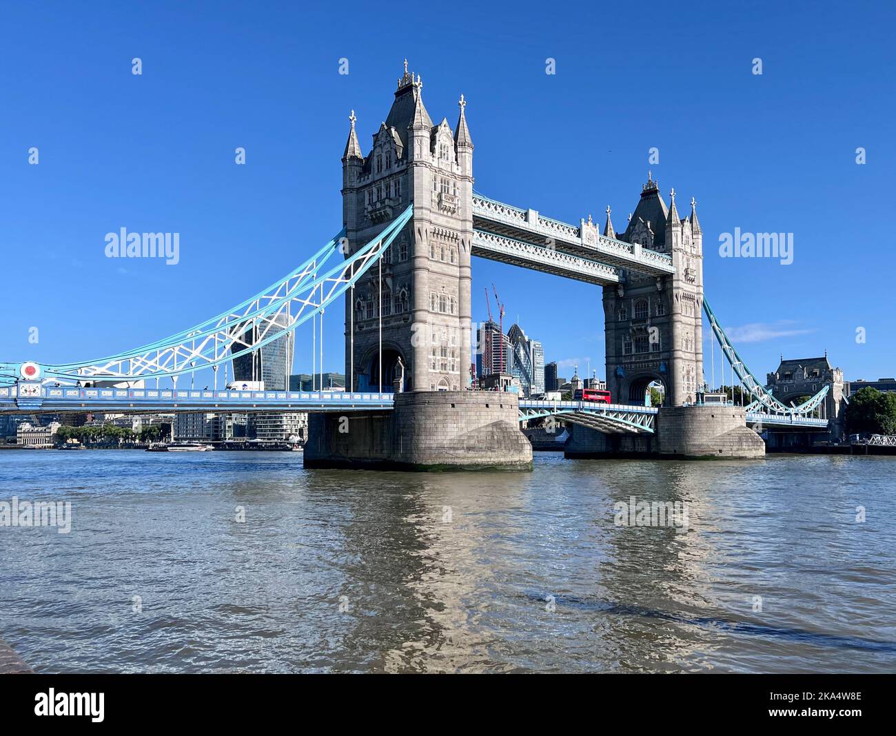 Tower Bridge and the River Thames from Thames Path at Butler's Wharf, Shad Thames, South Bank, London, England, UK Stock Photo