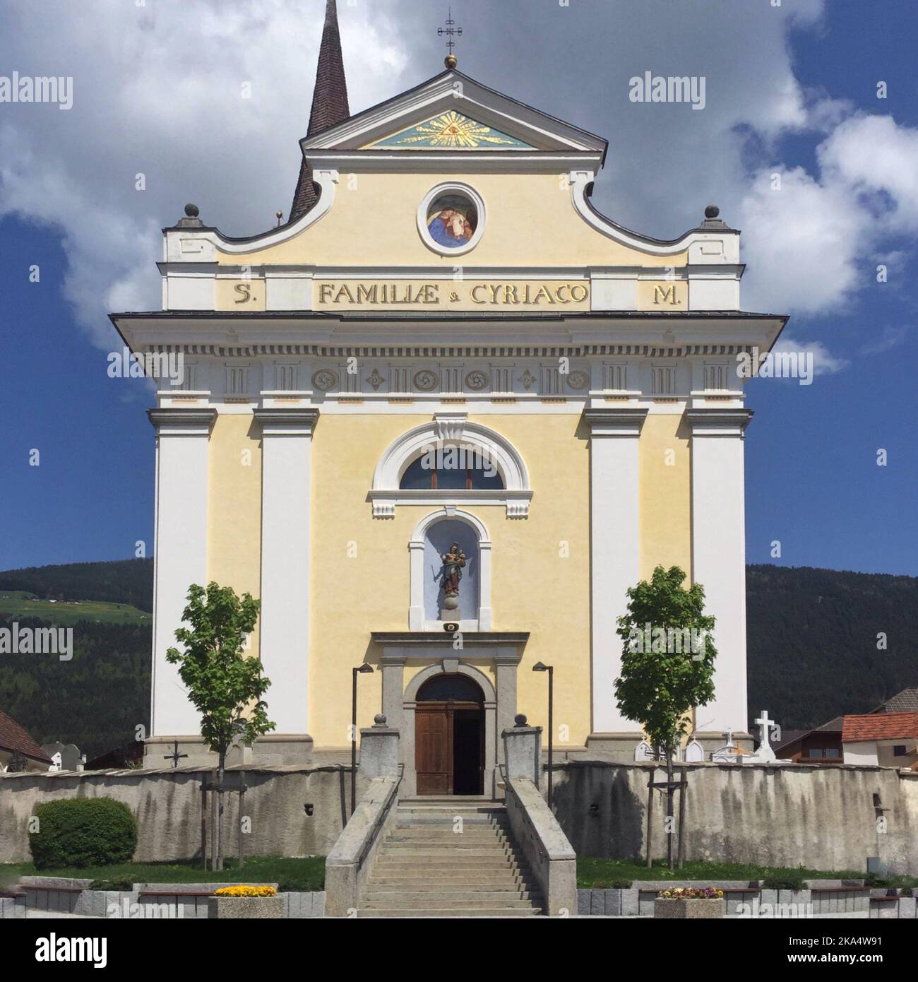 Facade of Chiesa Parrocchiale Sacra Famiglia e Cirillo church, Falzes, Alto Adige, Italy Stock Photo
