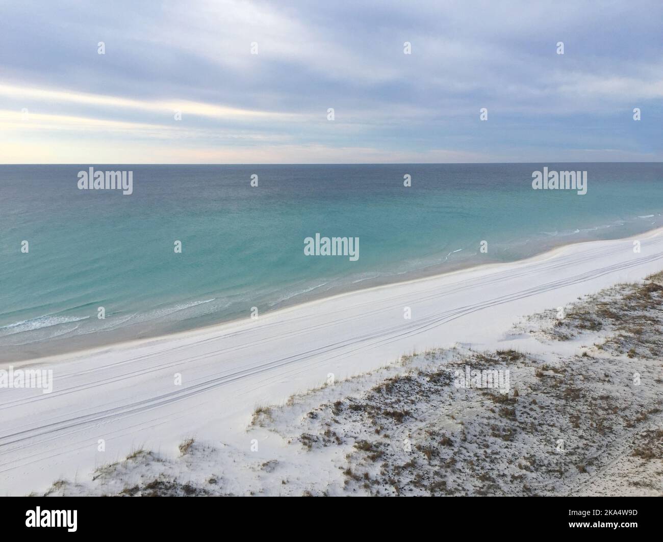 Aerial view of empty beach at sunrise, Pensacola, Santa Rosa, Florida, USA Stock Photo